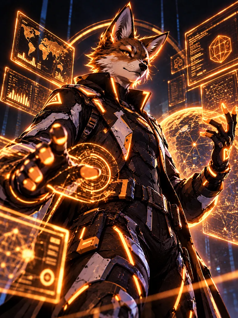 System Strategist: Fuchs in orange leuchtender Rüstung