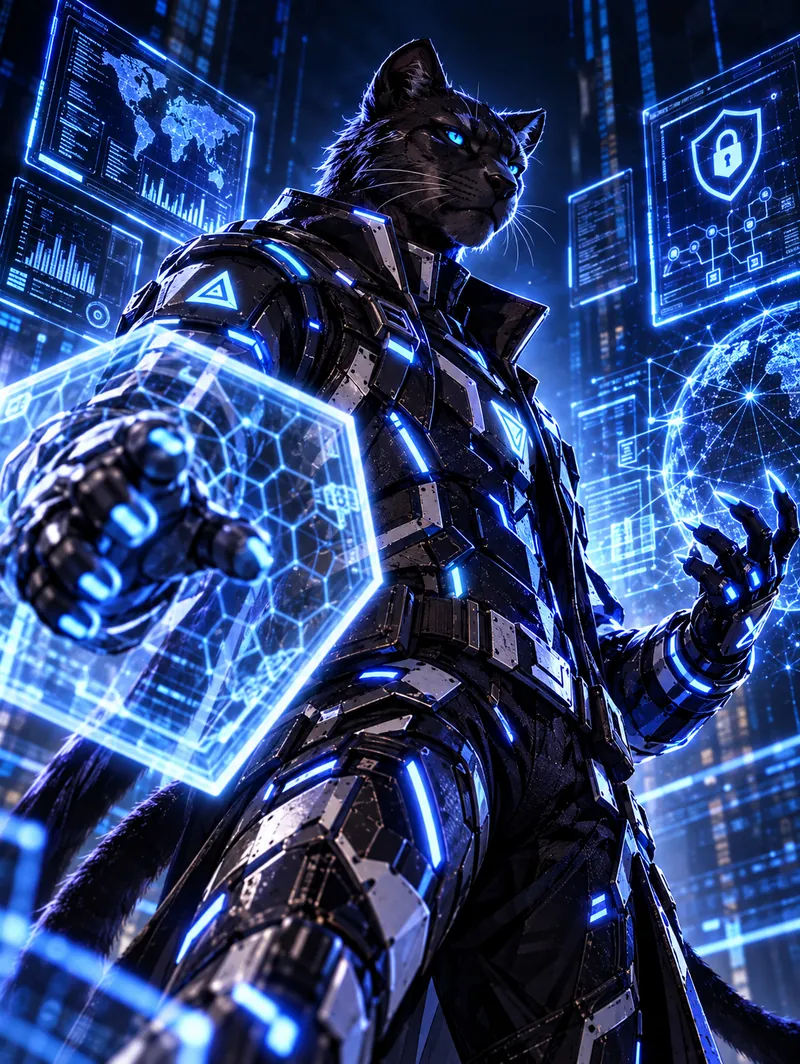 Cyber Guardian: Panther in blau leuchtender Rüstung